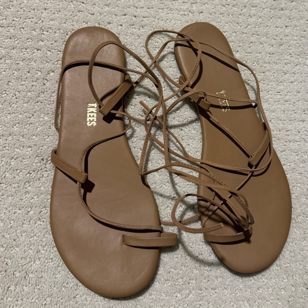 TKEES Tan Leather Wrap Tie Flat Sandals